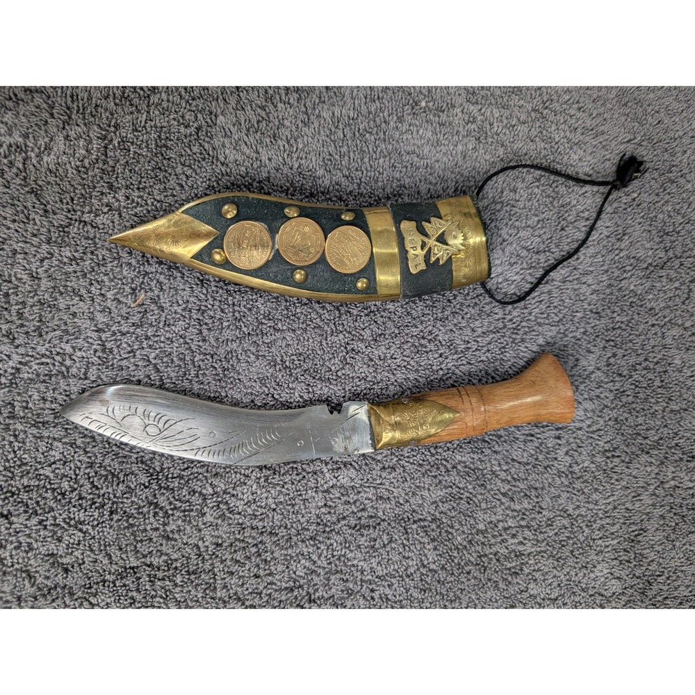 Vintage Nepal Kukri Knife Ornate Brass Coin Sheath Wood Handle Etched Blade 6570